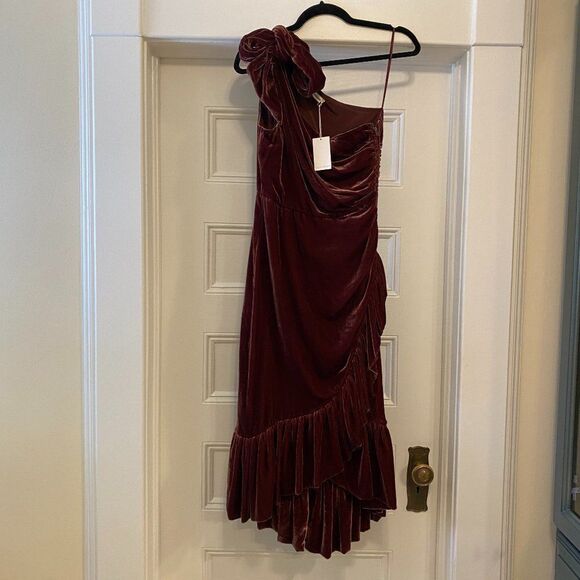 NWT Ulla Johnson Elisa One Shoulder Velvet Midi Dress in Puce - Picture 7 of 14